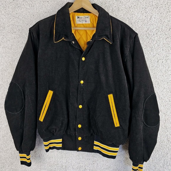 Vintage West Wind Corduroy Varsity Bomber Snap Jacket Sz XL Elbow Patches Yellow